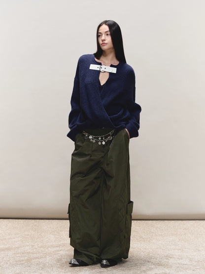 Wool V-Neck Buckle-Panel Sweater