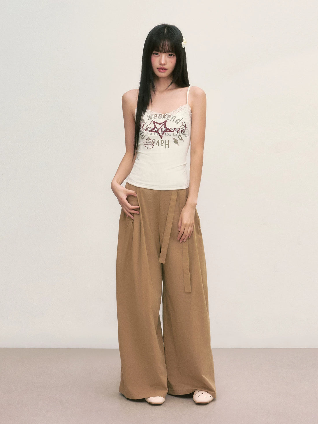 Khaki Tie-Waist Wide-Leg Pants