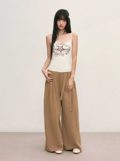 Khaki Tie-Waist Wide-Leg Pants