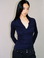 Deep-Blue V-Neck Structured Knit Top