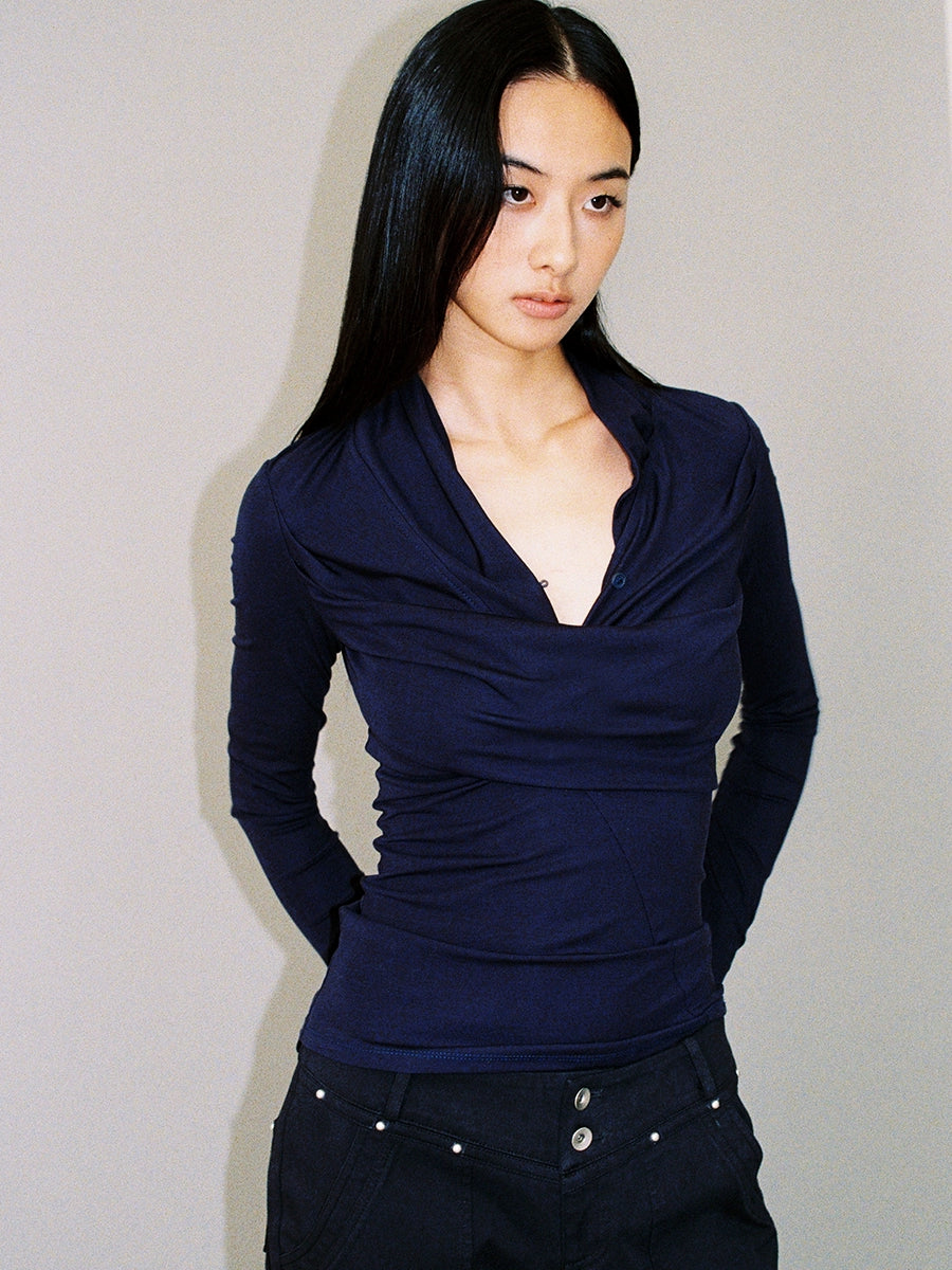 Deep-Blue V-Neck Structured Knit Top