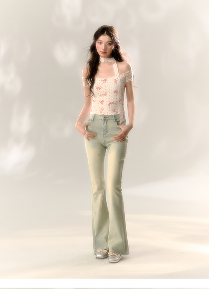 Red Polka Dot &amp; Pink Butterfly Mesh One-shoulder T-shirt