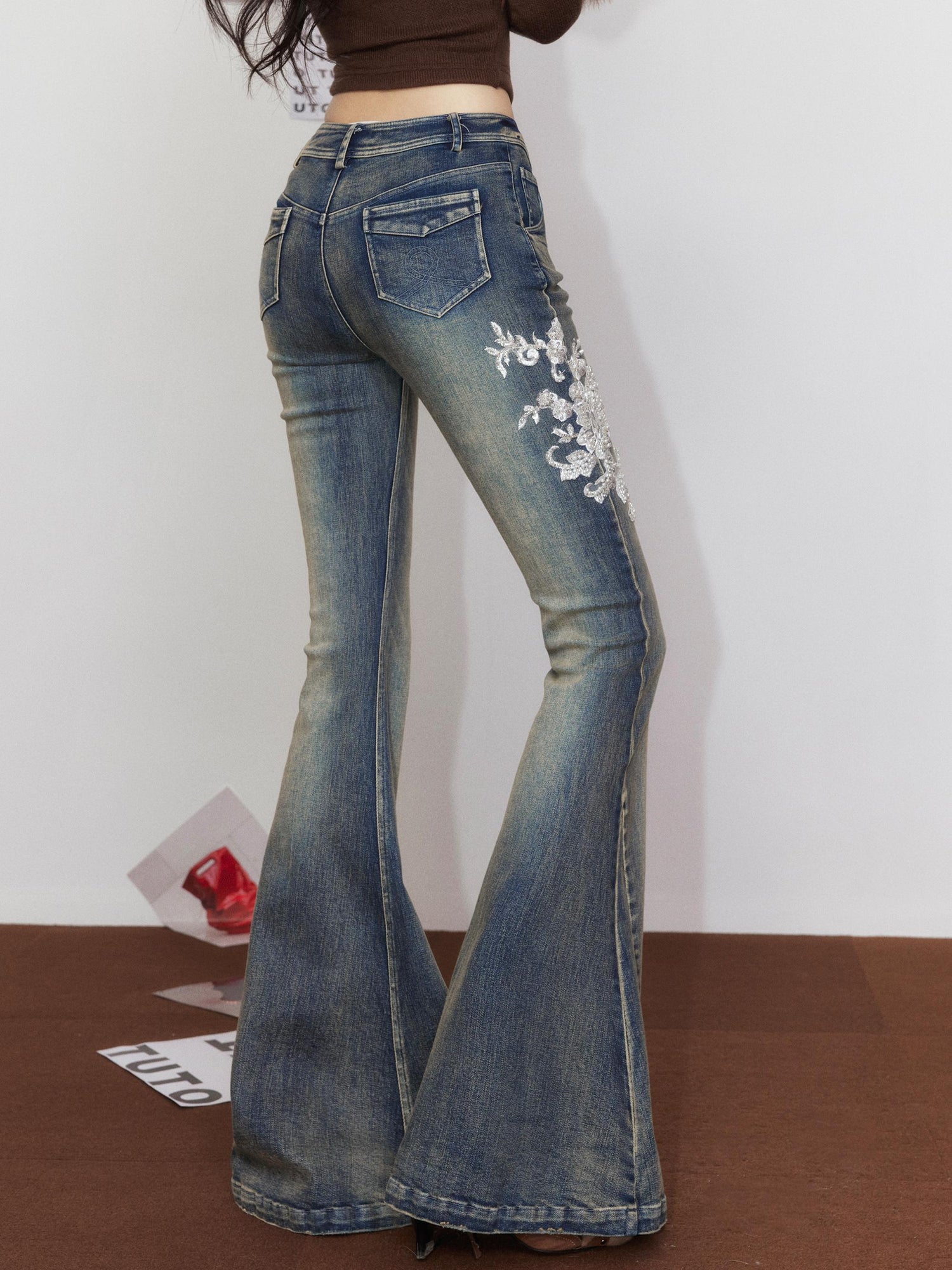 White Embroidered Flared Washed Denim Jeans