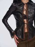 Faux-Leather Tie-Front Lace-Trim Cardigan
