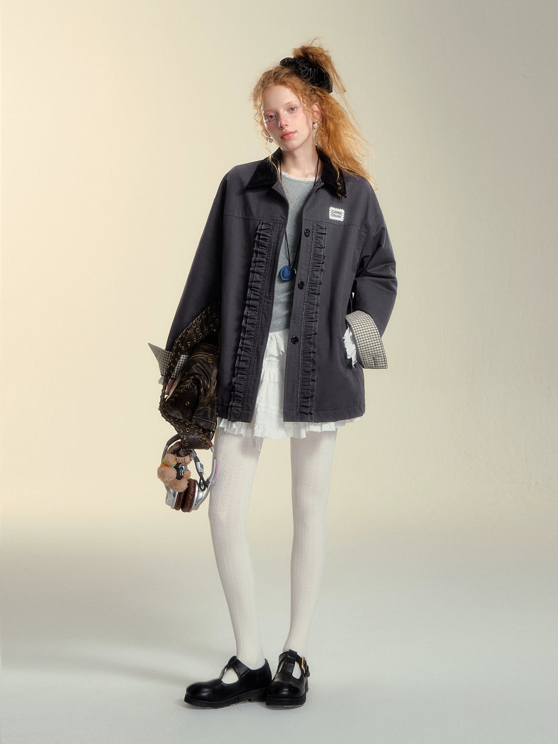 Colorblock Lapel Ruffle Puffer Coat