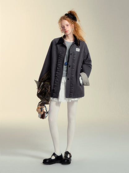 Colorblock Lapel Ruffle Puffer Coat