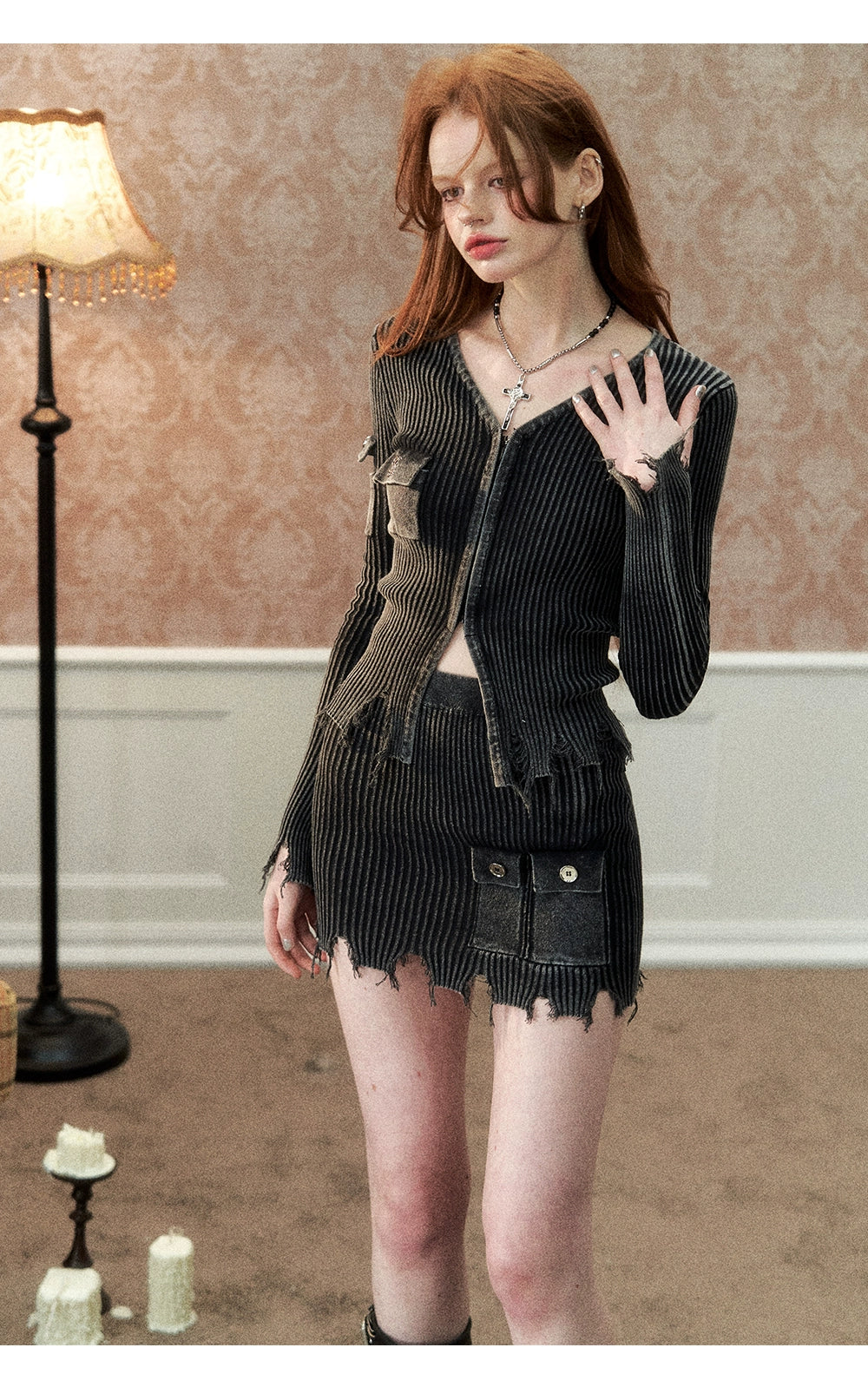 Gray Distressed Knitted Cardigan &amp; Skirt Set