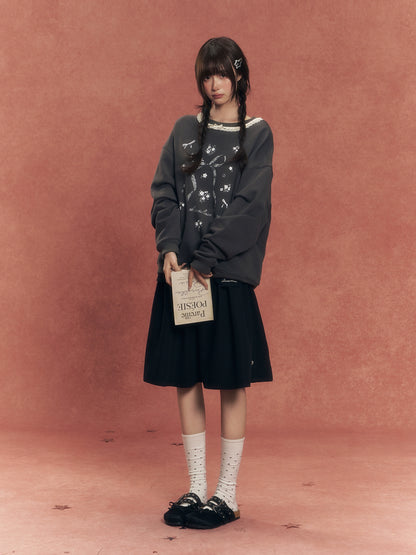 Floral Lace Trim Crewneck Sweatshirt