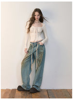 Distressed Wide-Leg Denim Pants