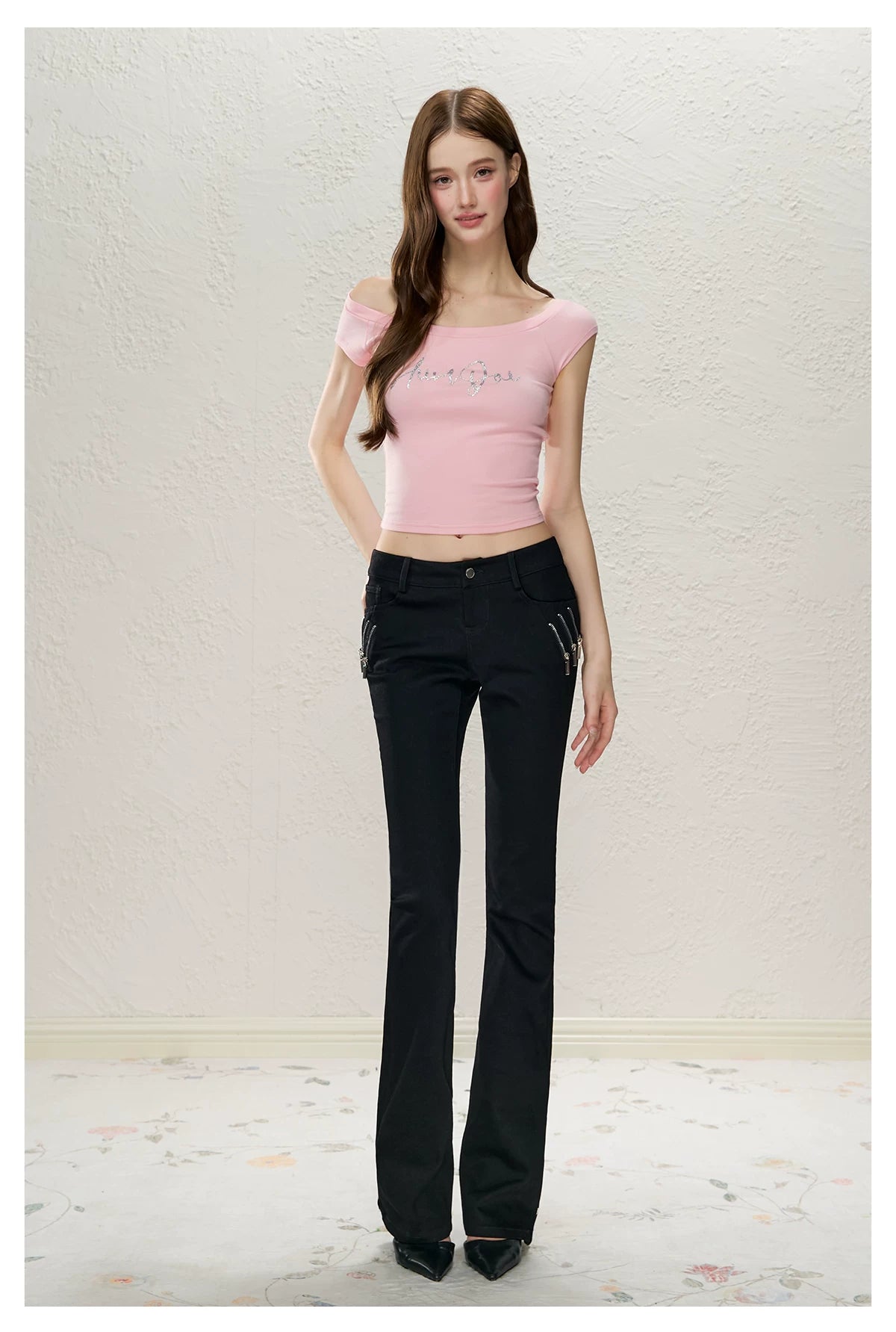 Black Low-Rise Slit Pants