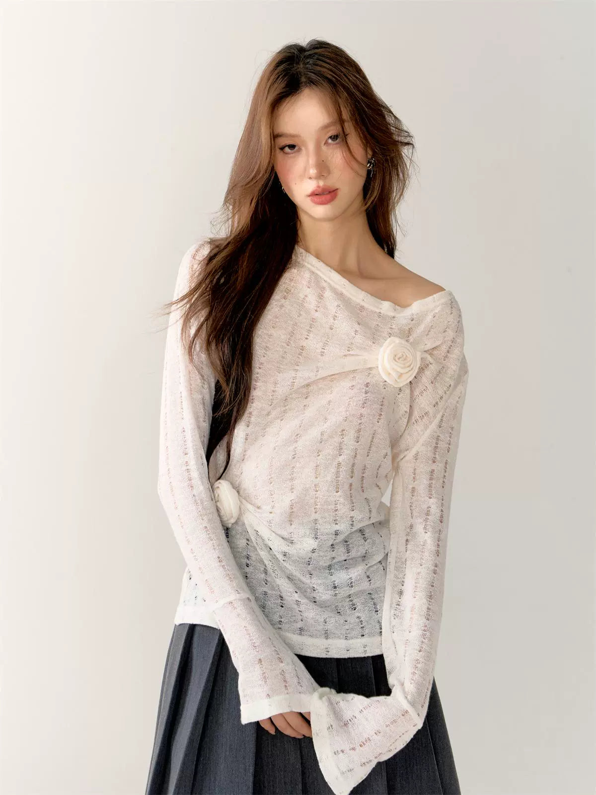 Black &amp; Gray Hollow Knit 3D Floral Blouse