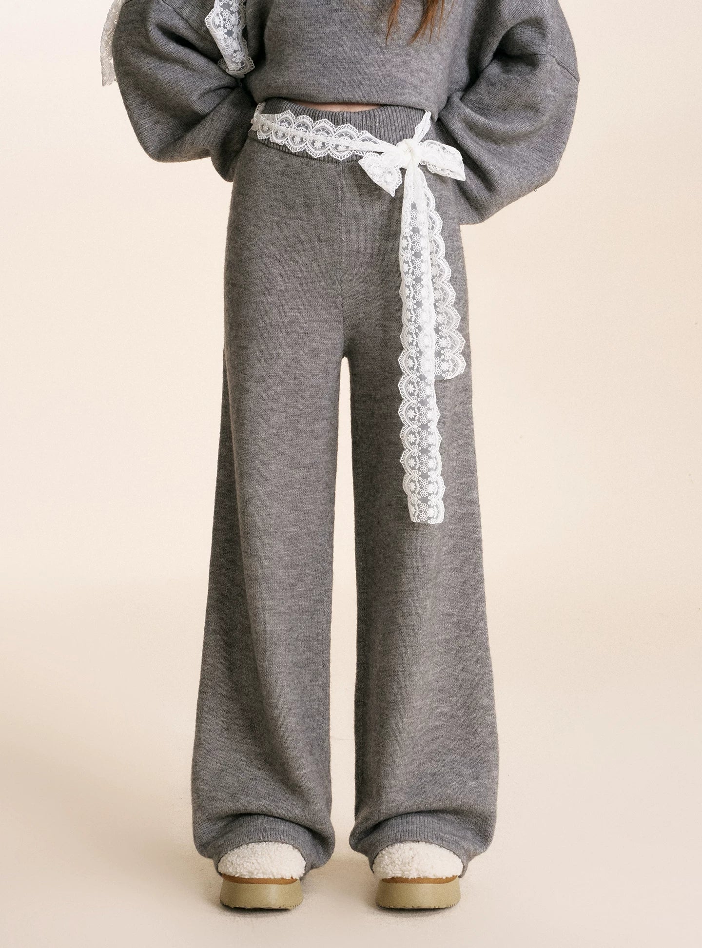 Gray &amp; Apricot Lace-Tie Knit Set