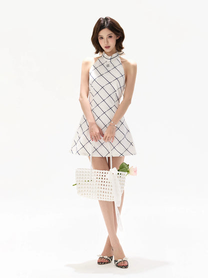 White Silk Plaid Dress