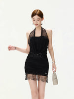 Black Sequin-Waist Halter Dress
