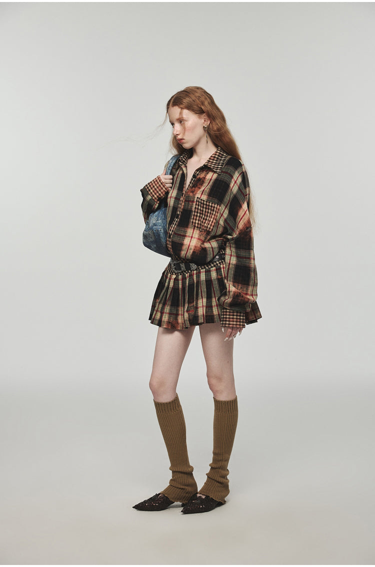 Tie-dye Plaid Shirt &amp; Mini Skirt Set