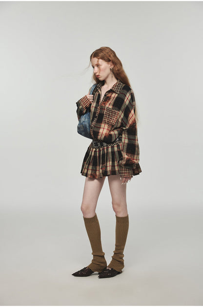 Tie-dye Plaid Shirt &amp; Mini Skirt Set