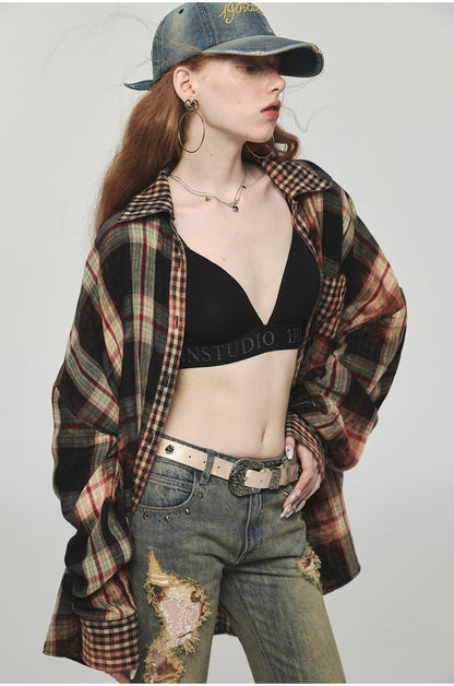 Tie-dye Plaid Shirt &amp; Mini Skirt Set