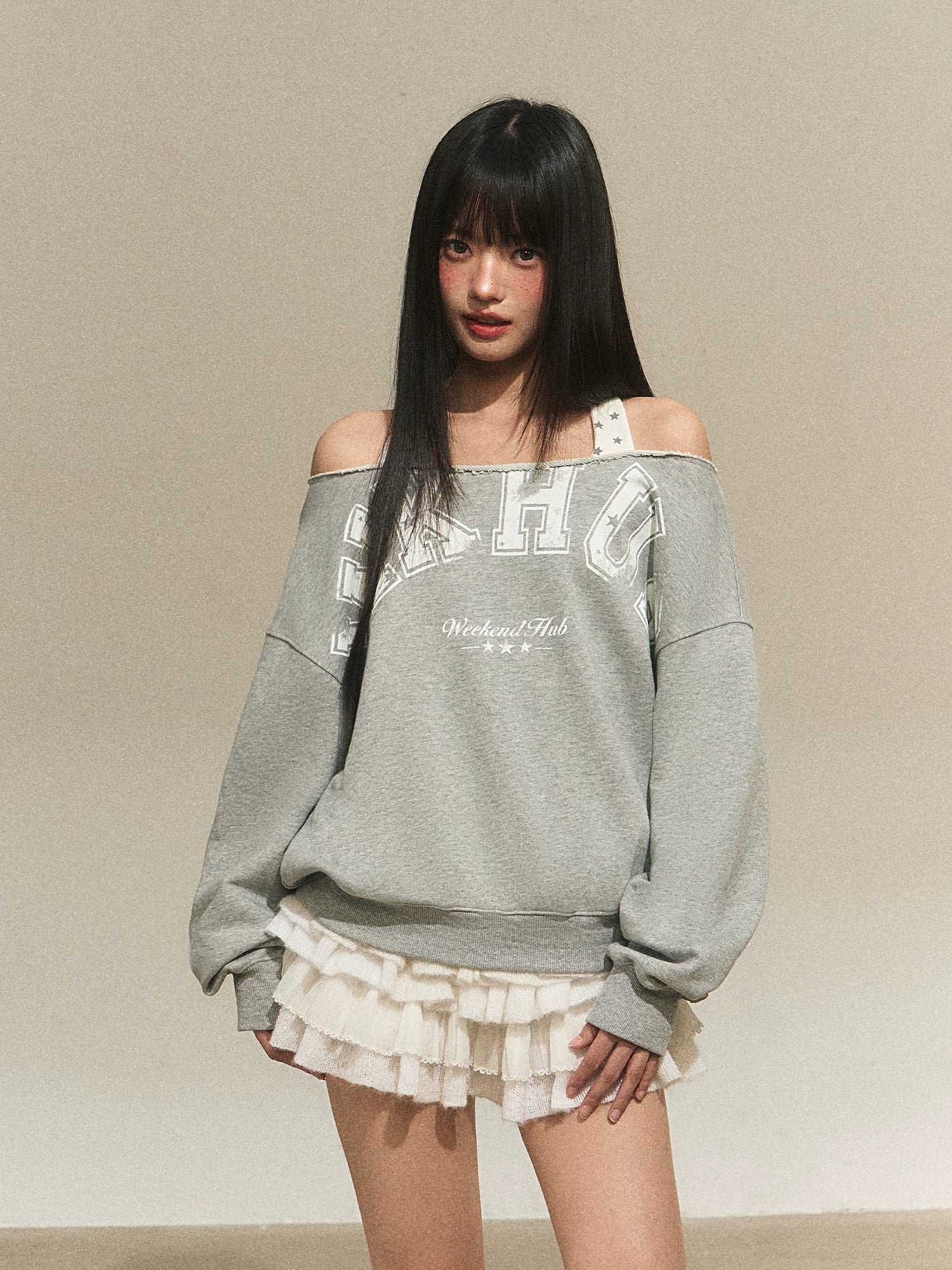 Off-Shoulder Halter Faux Layer Sweatshirt