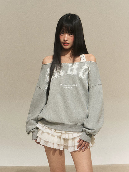 Off-Shoulder Halter Faux Layer Sweatshirt