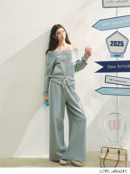 Off-Shoulder Zip-up Sweatshirt &amp; Pants Set