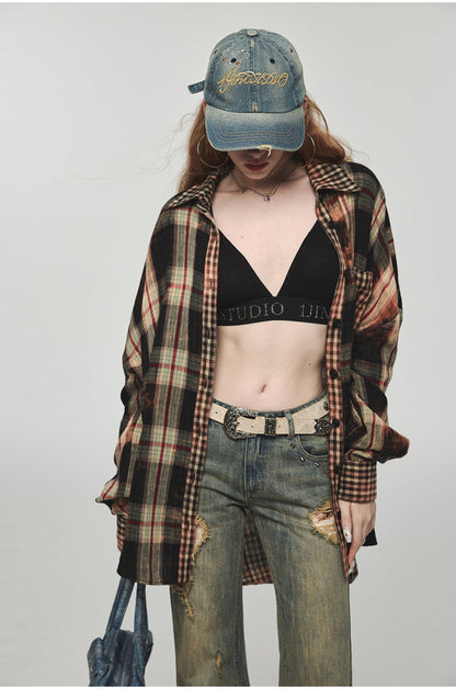 Tie-dye Plaid Shirt &amp; Mini Skirt Set