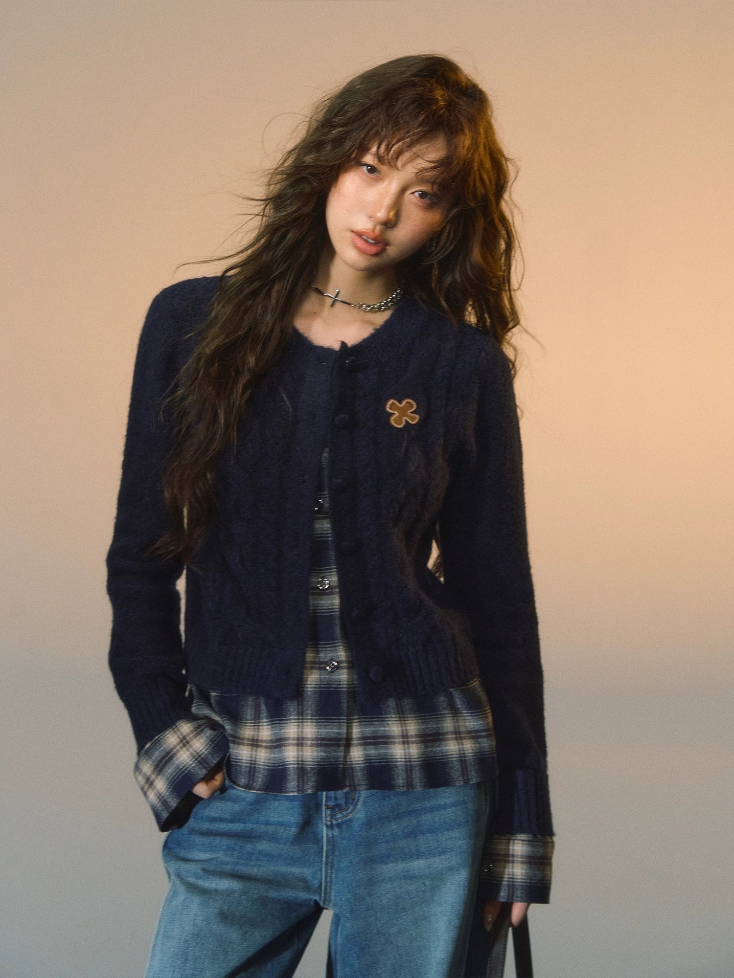 Plaid Layered Cable Cardigan