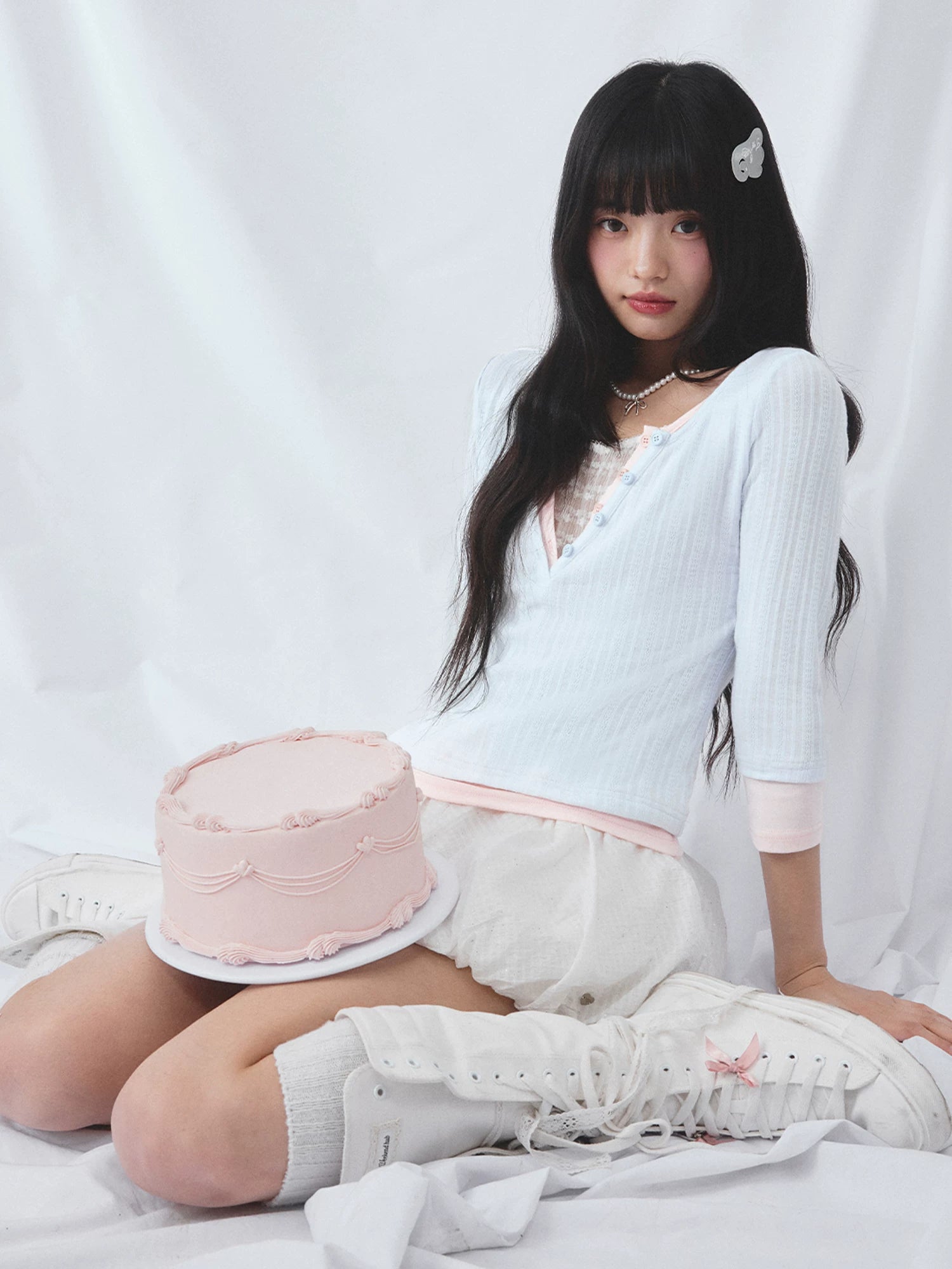 Light Blue Lace Panel Layered Top