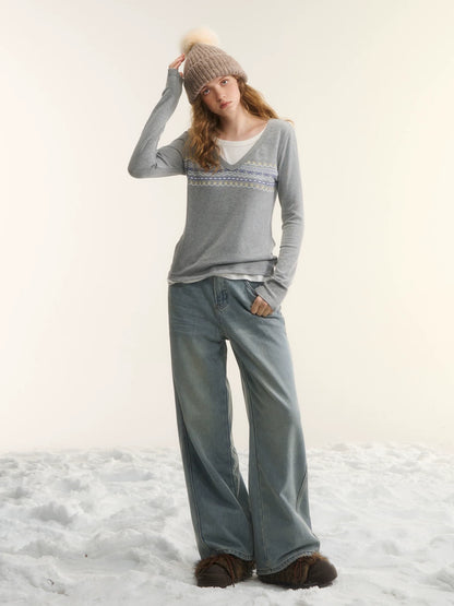 Light Blue Washed Distressed Straight-Leg Jeans