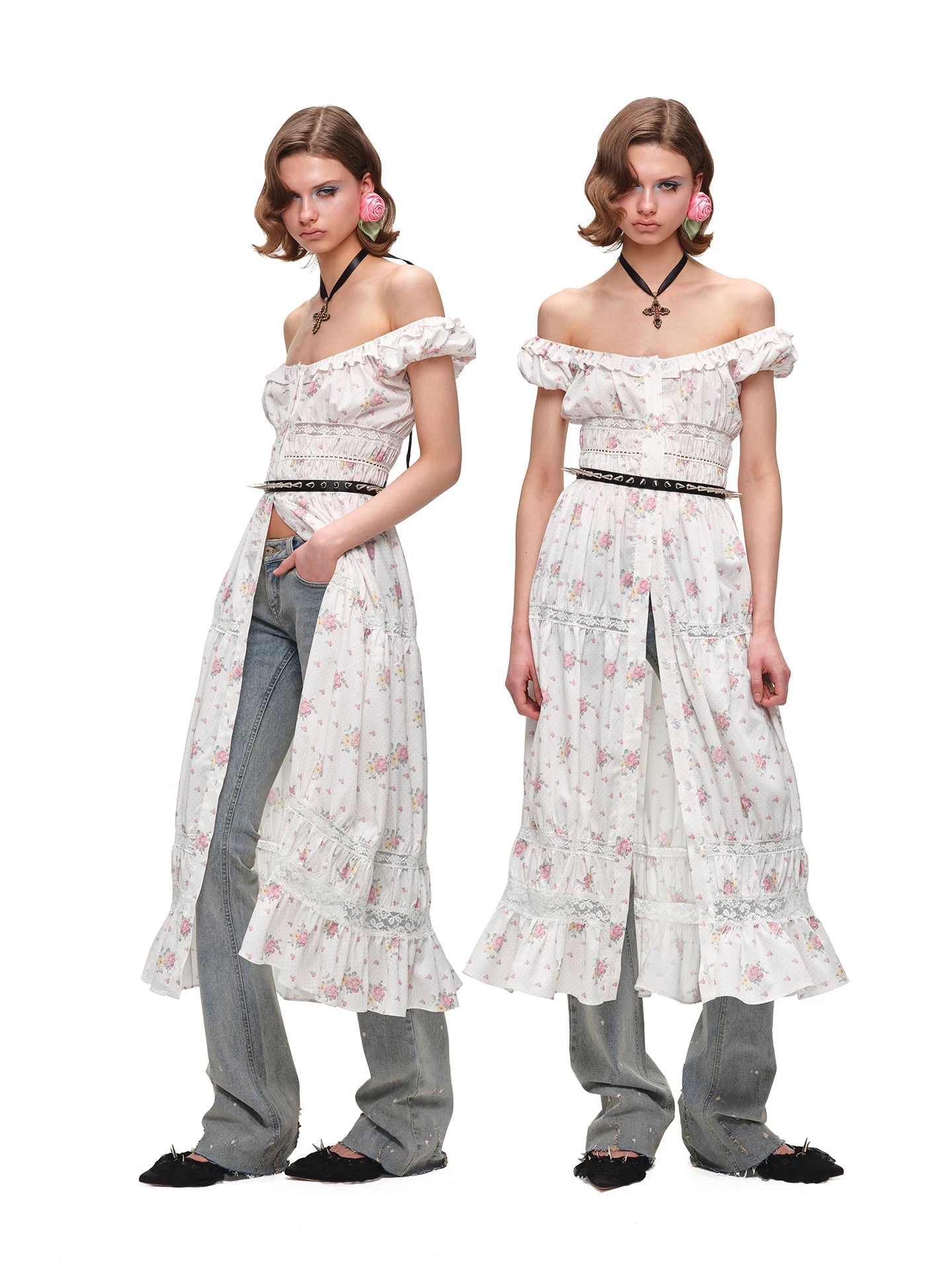Floral Lace Puff-Sleeve Dress