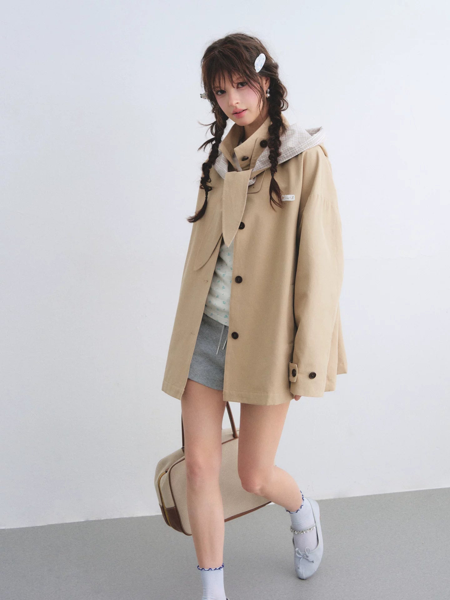 Detachable Ear Plaid Trench
