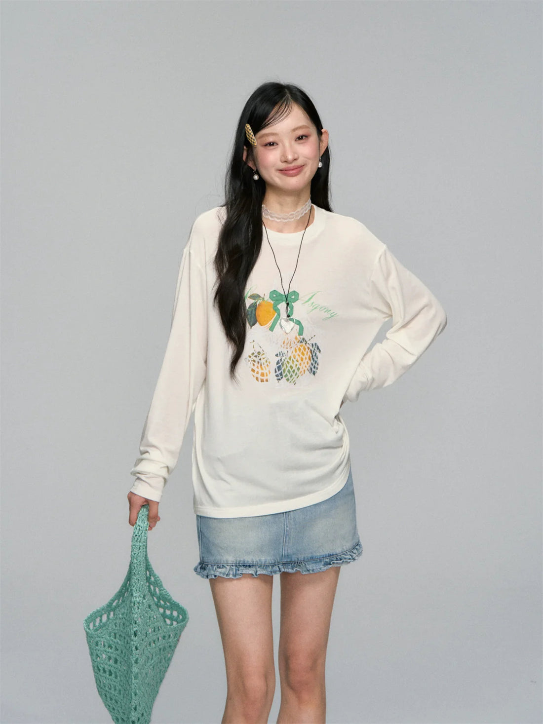 Three-Dimensional Bow Fruit-Print Sunscreen Cover-Up