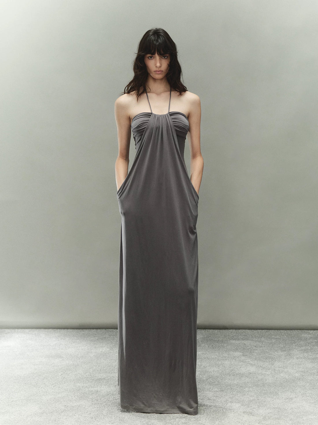 Gray Lyocell Braided-Halter Ruched Dress Set