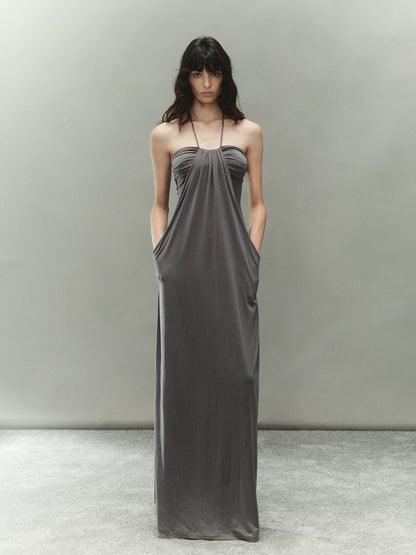 Gray Lyocell Braided-Halter Ruched Dress Set