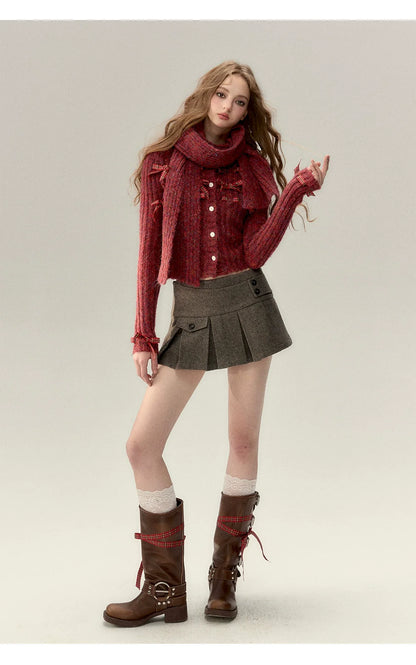 Red &amp; Black Bow Decorated Knit Cardigan