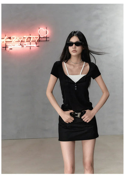 Black &amp; Grey Henley Collar Embroidered T-Shirt