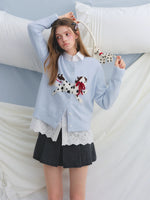 Pony Jacquard Bow Crewneck Knit Cardigan