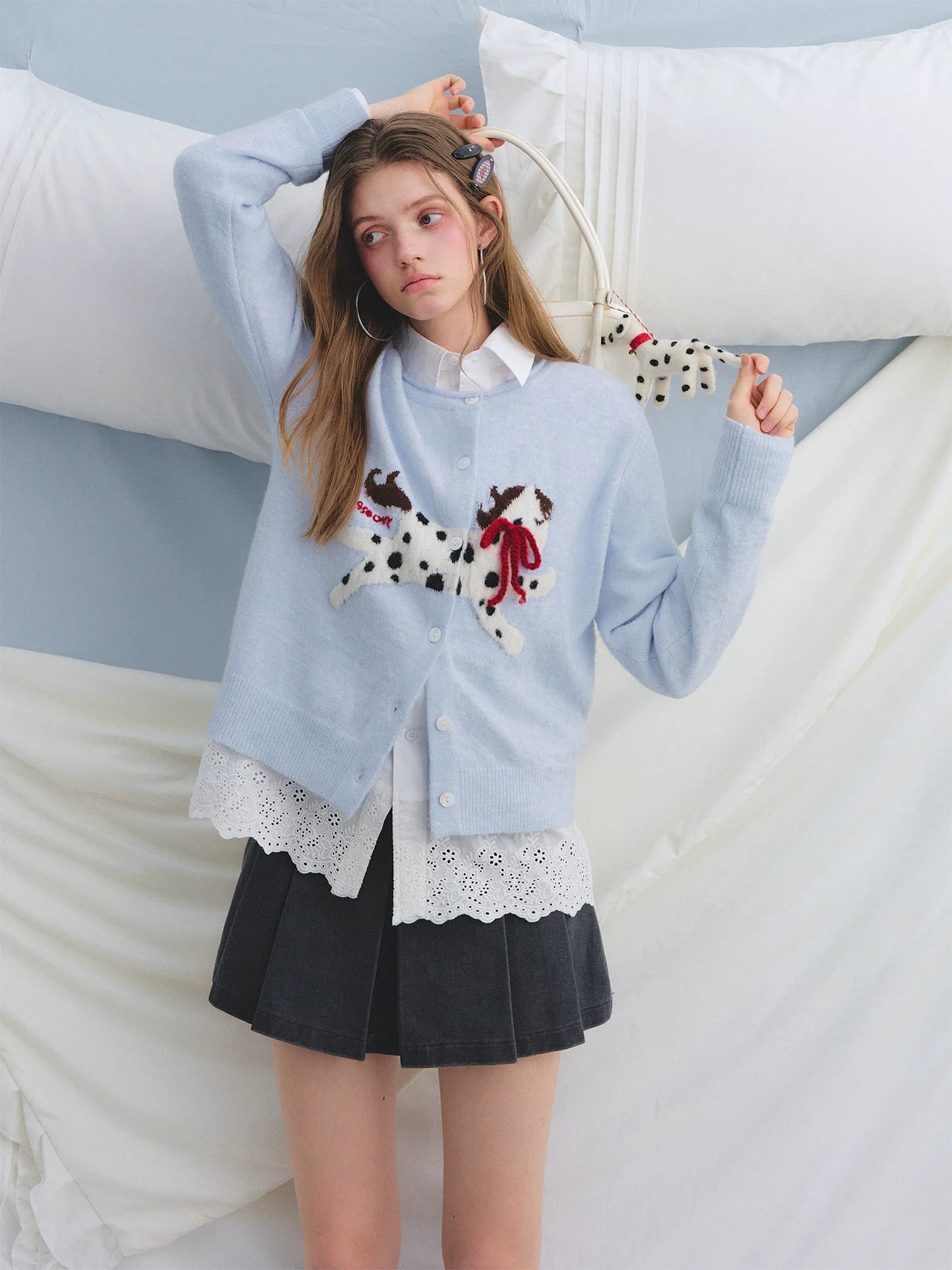 Pony Jacquard Bow Crewneck Knit Cardigan