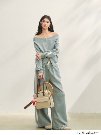 Off-Shoulder Zip-up Sweatshirt &amp; Pants Set