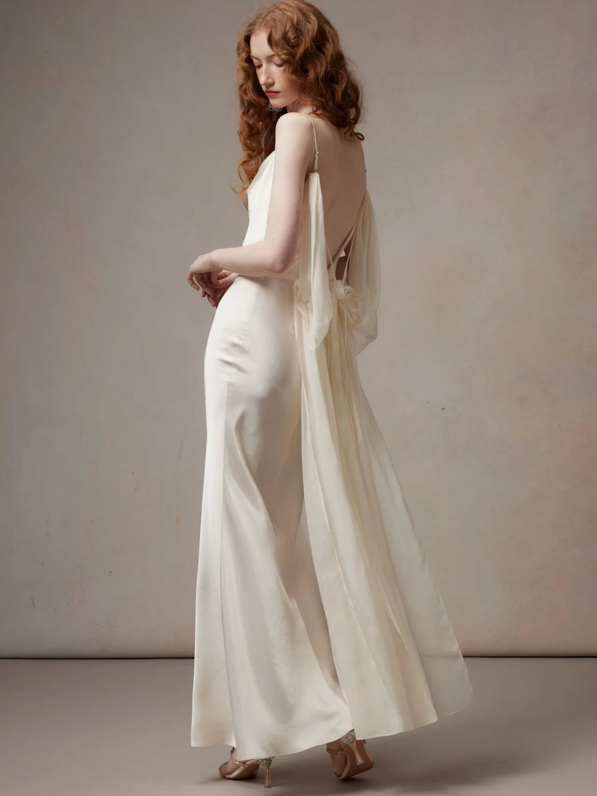 Beige Satin Drape Dress