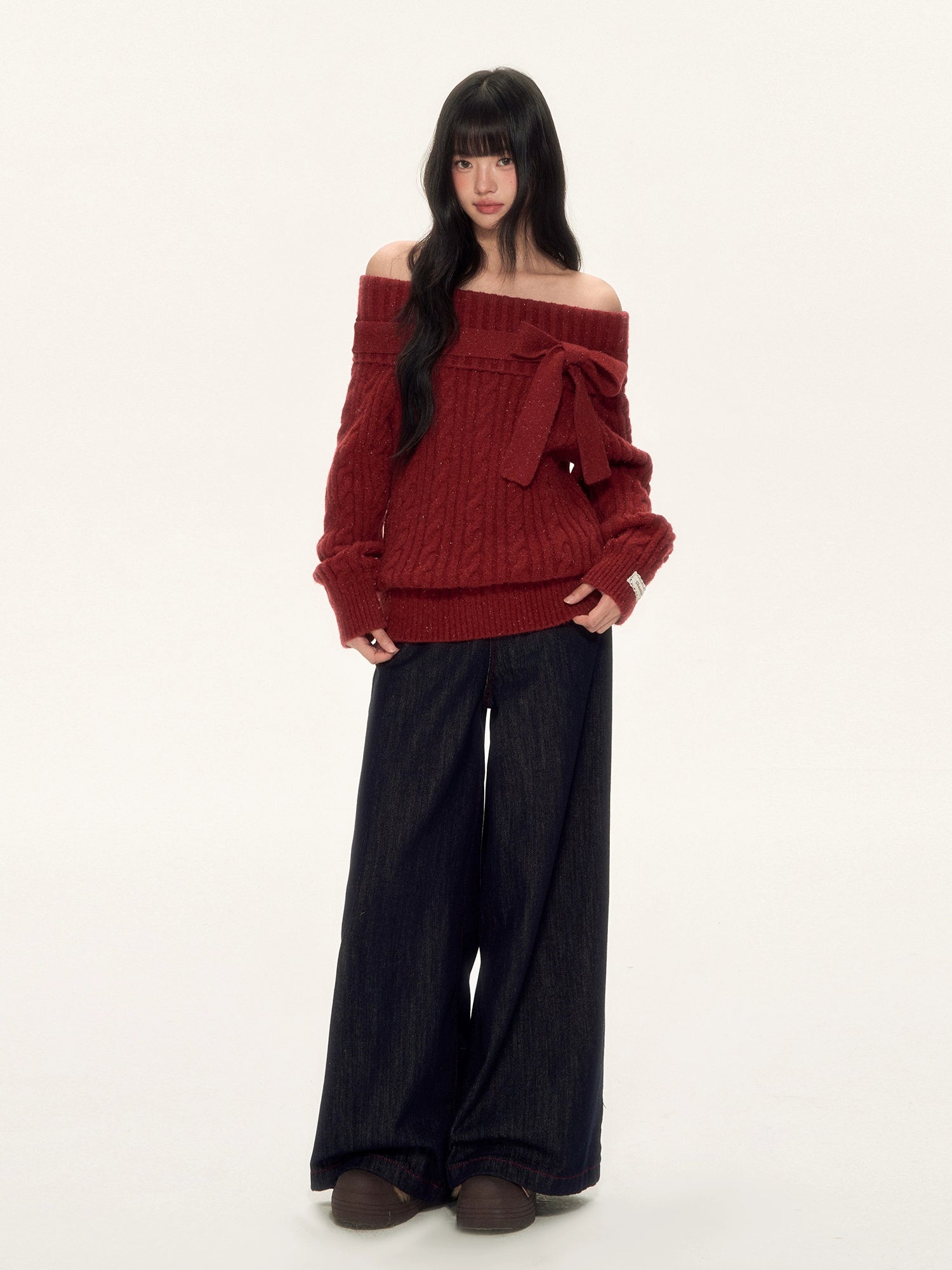 Red Off Shoulder Bow Knit Sweater