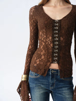 Lace Button Flare-Sleeve Top