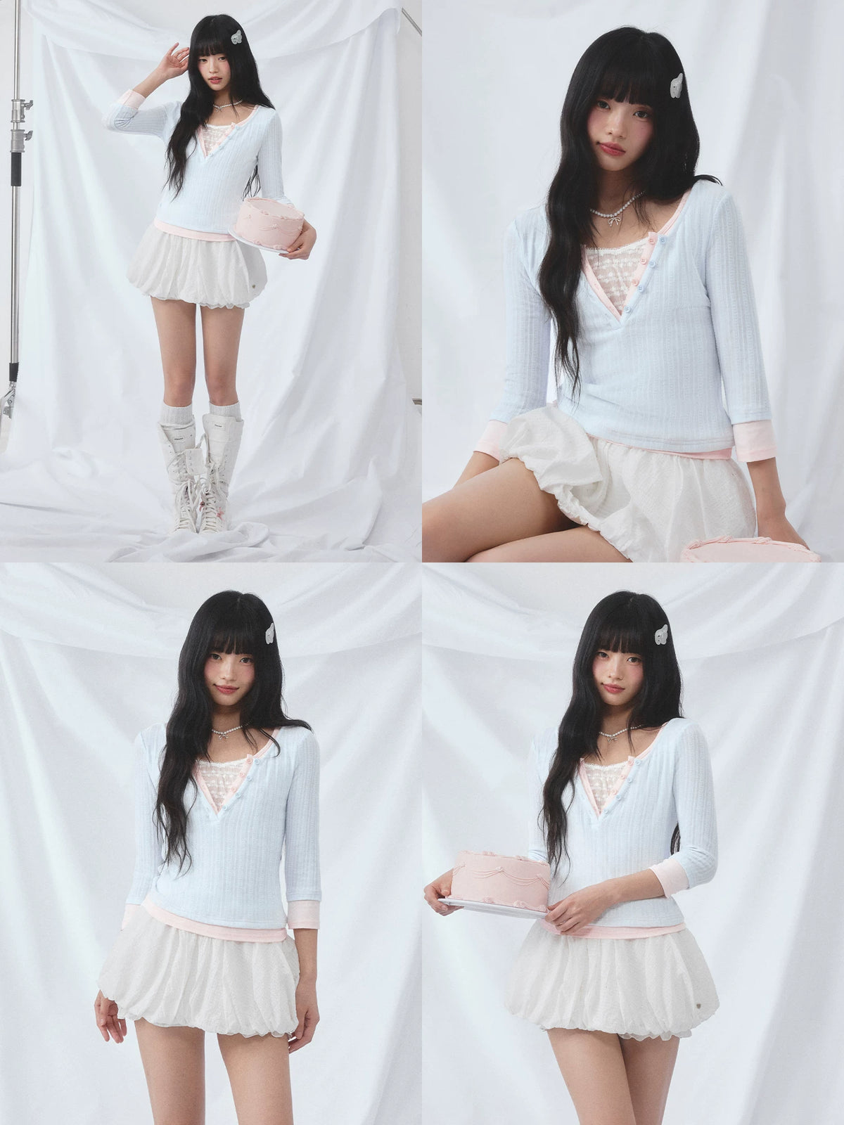 Light Blue Lace Panel Layered Top