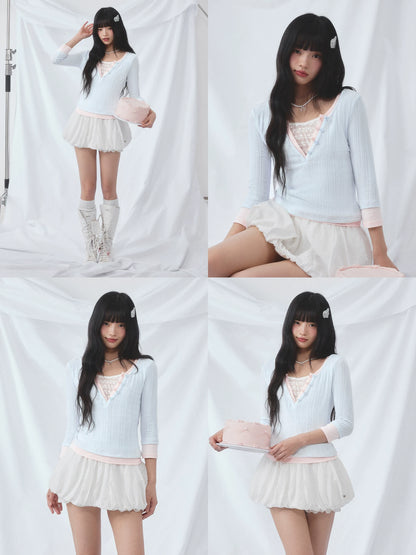 Light Blue Lace Panel Layered Top