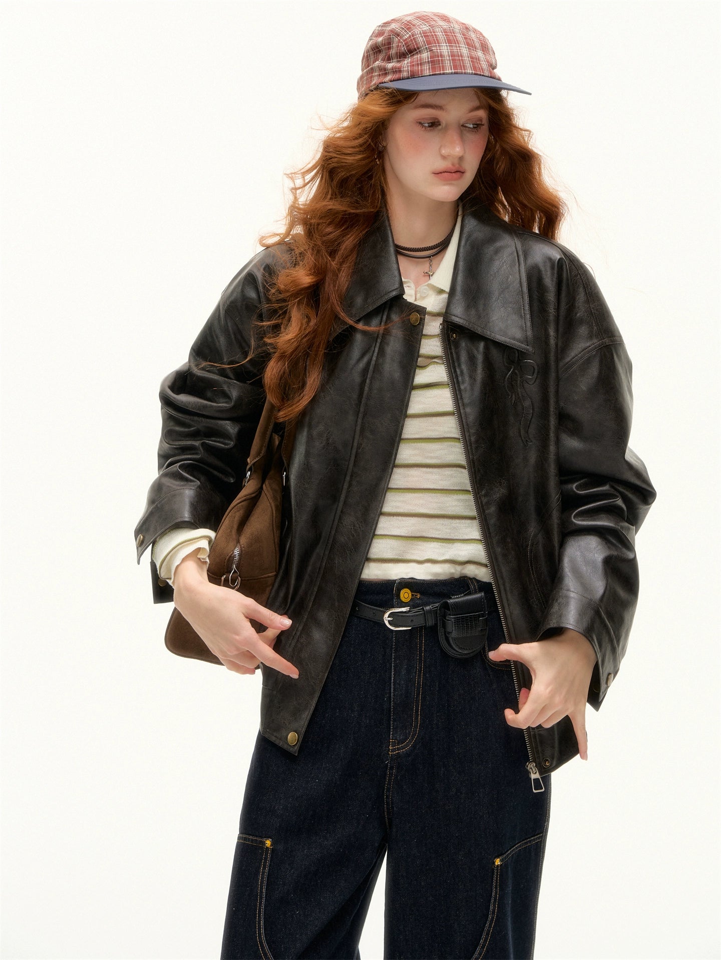 Vintage Bow Embossed Leather Jacket