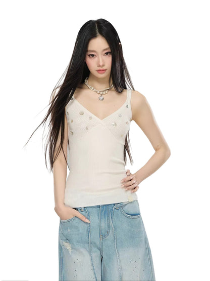 Beige Cross V-Neck Knit Top