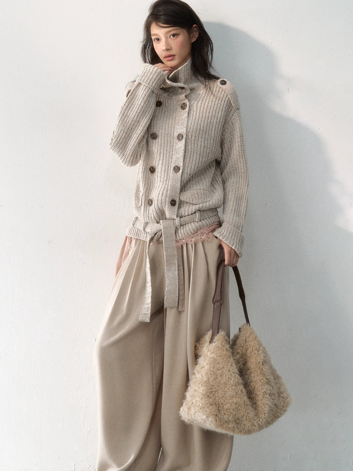 Double-Breasted Turtleneck Knit Cardigan