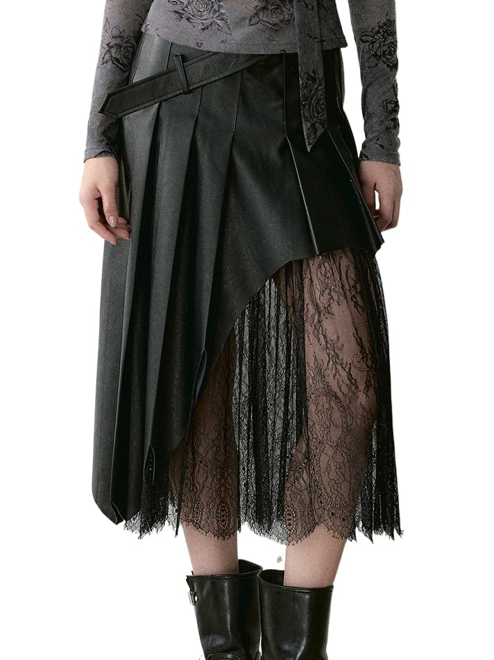 Coffee &amp; Black Lace-paneled PU Leather Skirt