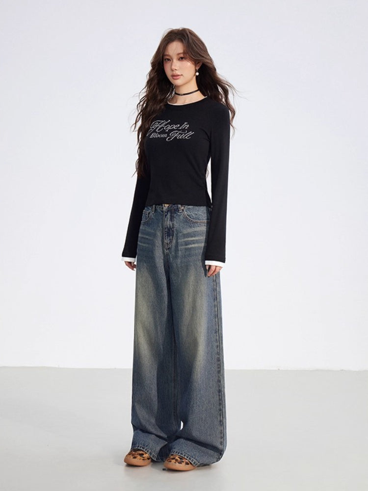 Faux-Layered Rhinestone Letter Fitted T-Shirt
