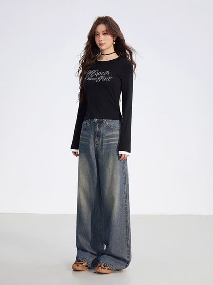 Faux-Layered Rhinestone Letter Fitted T-Shirt