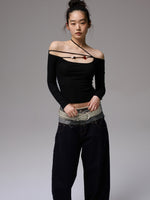 One-Shoulder Beaded Strappy Solid Color T-Shirt